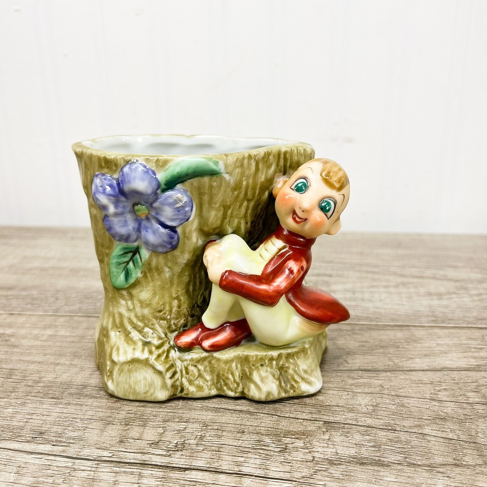 Vintage Pixie Elf Tree Stump Planter, Acme Made in Japan Ceramic Figurine